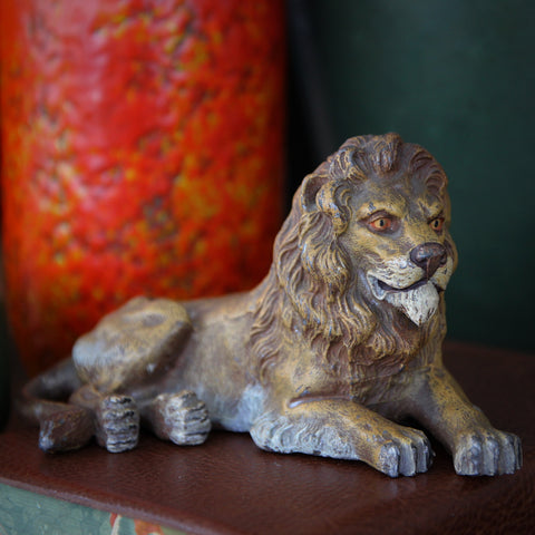 Cold-Painted Spelter Recumbent Lion Sculpture (LEO Design)