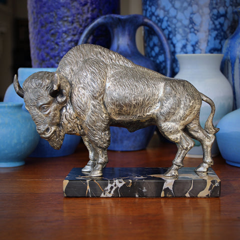 Art Deco Spelter American Buffalo Sculpture on Black Marble Base (LEO Design)