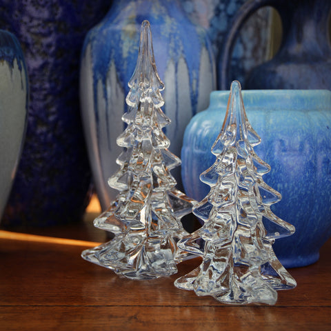 Pair of Pressed Glass Winter Pine Tree Sculptures (LEO Design)