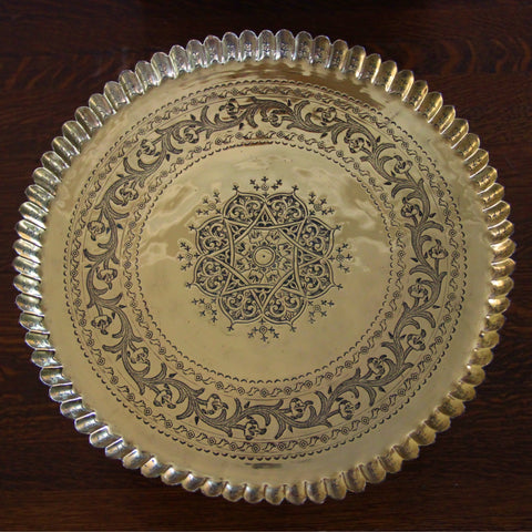 Middle Eastern Hand-Tooled Brass Tray with Pie Crust Edge (LEO Design)