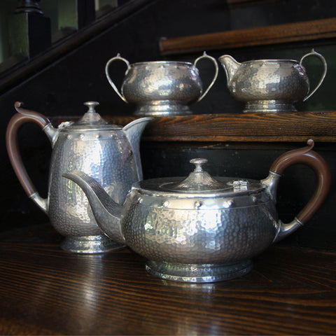 English Arts & Crafts Hammered Pewter Tea Service with Bakelite Handles (LEO Design)