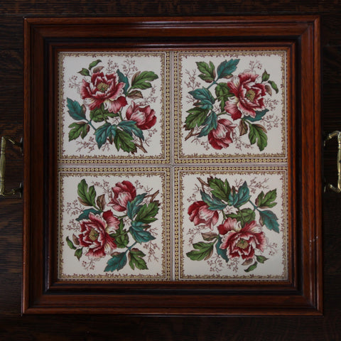 English Arts & Crafts Walnut Tea Tray Lined with Rose Tiles (LEO Design)