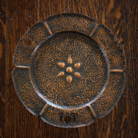 English Arts & Crafts Hand-Hammered and Pierced Copper Plate with Stylized Floral Center Motif (LEO Design)