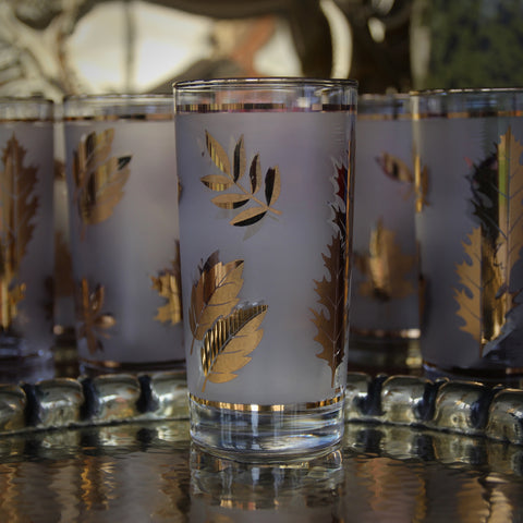 Set of Six Highball Glasses with 22 Karat Gold "Falling Leaves" (LEO Design)