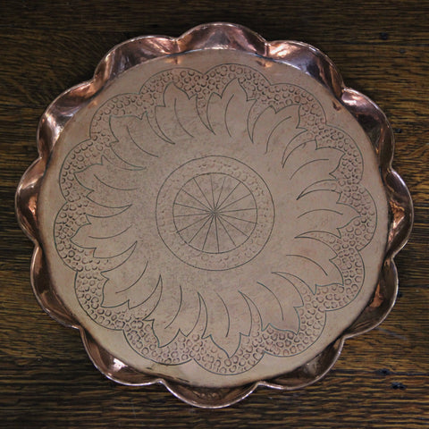 English Arts & Crafts Copper Tray with Hand-Tooled Radiant Botanical Design (LEO Design)