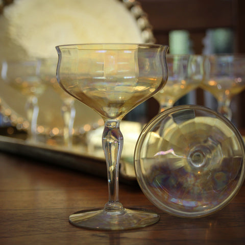 Set of Six Softly-Faceted Cocktail Coupes with a Gold Iridescent Wash (LEO Design)