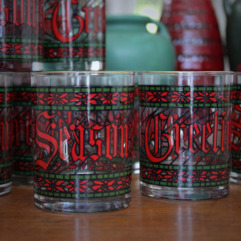 Set of Eight "Season's Greetings" Rocks Glasses with Stained Glass Lettering (LEO Design)