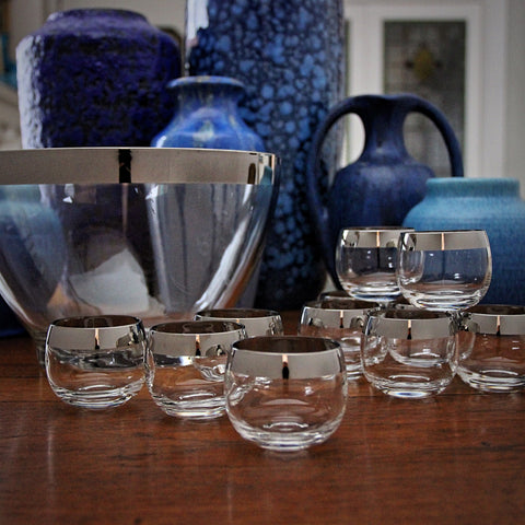 Dorothy Thorpe Glass Punchbowl & Ten Roll-Poly Glasses with Heavy Platinum Banding (LEO Design)