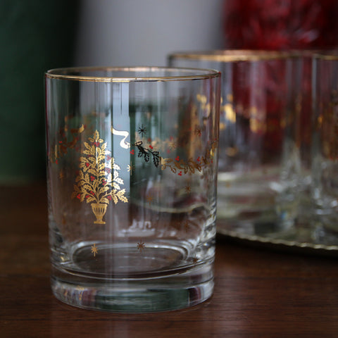 Set of Four Holiday Double Old Fashioned Glasses with 22 Karat Gold Holly Trees, Swags & Rims (LEO Design)