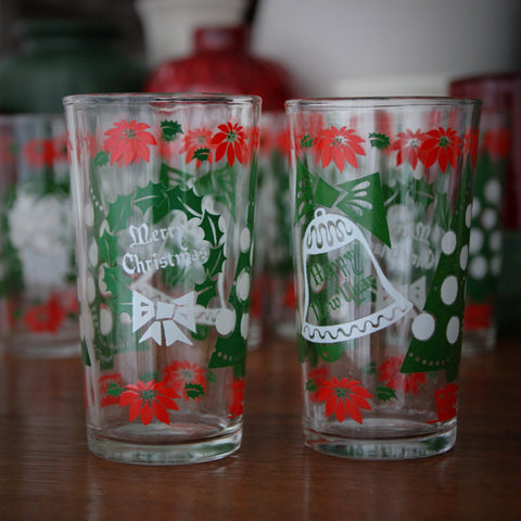 Set of Six Jolly Holiday Highballs with Wreaths, Bells & Poinsettias (LEO Design)