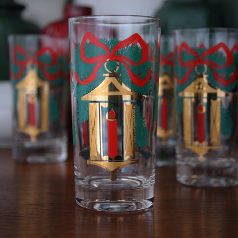 Set of Six "Candle Lantern" Holiday Highballs with 22 Karat Gold Embellishment (LEO Design)