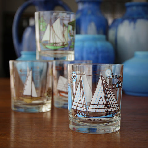 Set of Four Double Old Fashioned Rocks Glasses with Sailing Vessels (LEO Design)
