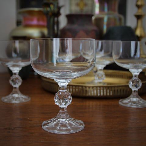 Set of Six Crystal Cocktail or Champagne Glasses with Faceted Stems and Geodesic Knops (LEO Design)
