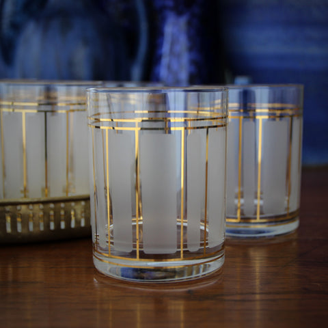 Set of Eight Double Old Fashioned Rocks Glasses with Frosted Panels and 22 Karat Gold Trim (LEO Design)