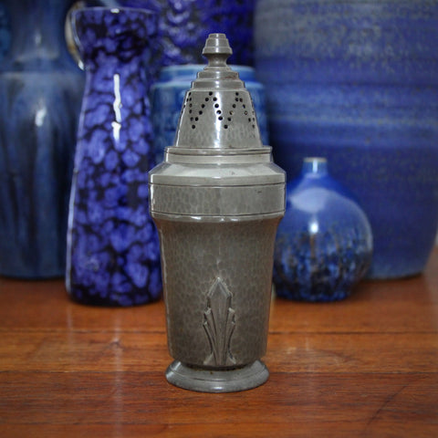 English Arts & Crafts Hand-Hammered Pewter Sugar Castor with Deco Chevrons (LEO Design)