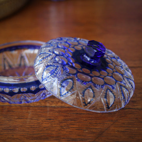 Bohemian Blue Cut Glass Covered Dresser Bowl (LEO Design)
