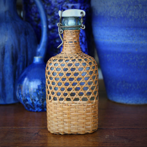 French Glass Flask with Ceramic Stopper and Woven Cane Jacket (LEO Design)