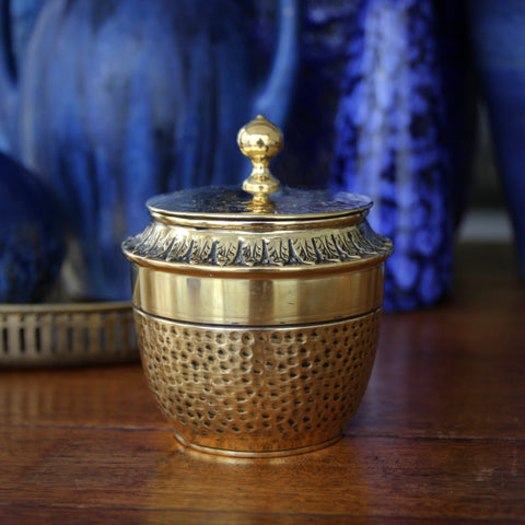 English Brass Tea Caddy with Hammered Body and Foliate-Decorated Shoulder (LEO Design)