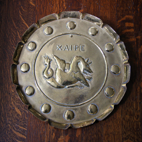 British Arts & Crafts Hand-Hammered Brass Tray with "Xaipe" Dragon (LEO Design)