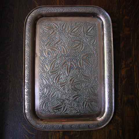 Finely Hand-Tooled Copper Tray with Botanical Decor and Traces of Silver-Plating (LEO Design)