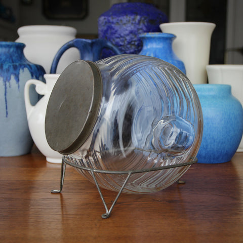 Ribbed Glass "Saltine" Barrel with Metal Stand (LEO Design)