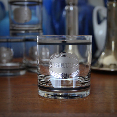 Set of Four Double Old Fashioned Rocks Glasses with Fabergé "Brut" Logo and Platinum Banding (LEO Design)