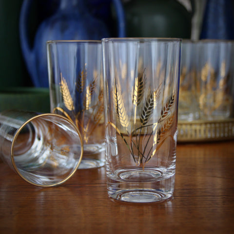 Set of Ten (+1) Fifties Highball Tumblers with Gold Rims and Swaying Wheat Motif (LEO Design)