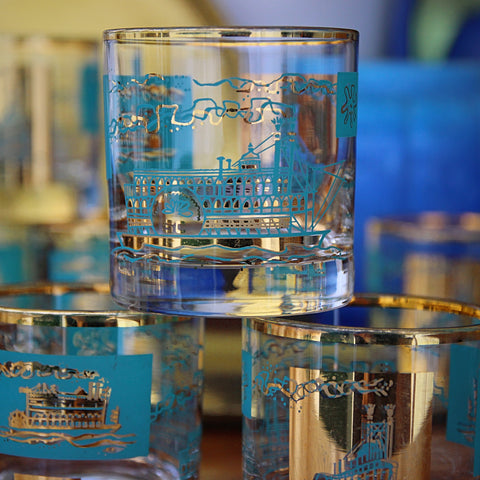 New Orleans "Southern Comfort" Centennial Old Fashioned Rocks Glasses with 22 Karat Gold Embellishment (LEO Design)