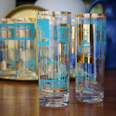 New Orleans "Southern Comfort" Centennial Iced Tea Glasses with 22 Karat Gold Embellishment (LEO Design)