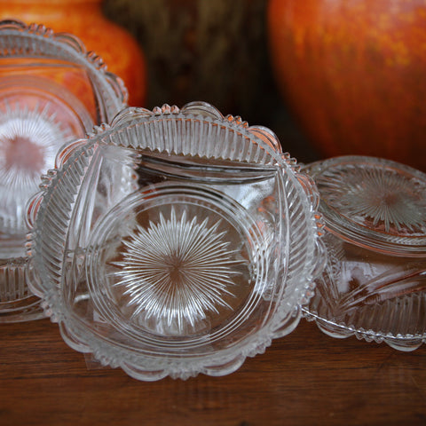 Set of Five Fancy Pressed-Glass Berry Bowls with Starbursts, Ribbing, Gadrooning and Scalloping (LEO Design)