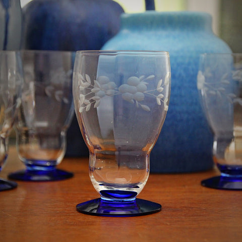 Set of Four Corseted Wine Tumblers with Softly-Faceted Walls, Floral-Etched Sides, and Cobalt Blue Feet (LEO Design)