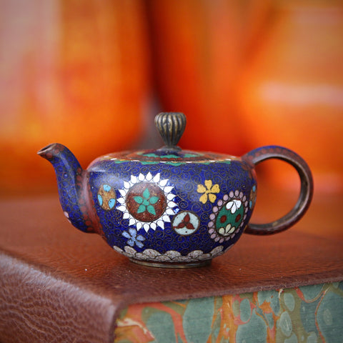 Turn-of-the-Century Japanese Cloisonné Miniature Teapot with Graphic Florals (LEO Design)