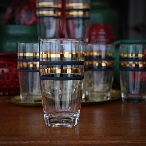 Set of 12 Modernist Tumblers with Bold Black and 22 Karat Gold Banding (LEO Design)