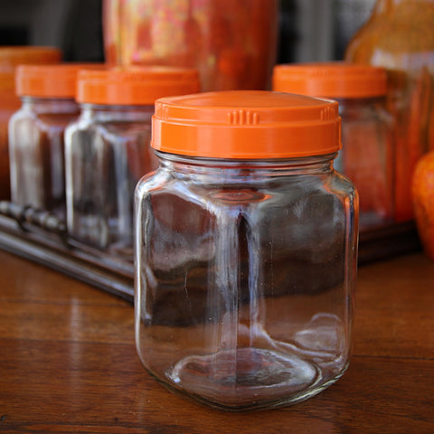 Four English Mid-Century Soft Square Food Jars with Orange Lids (LEO Design)