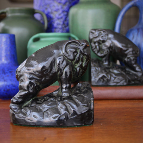Bronze-Clad "Working Elephant" Bookends with Black Japanned Finish (LEO Design)