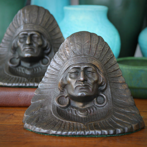 Large Cast Iron Indian Portrait in Full Headdress Bookends by Judd (LEO Design)
