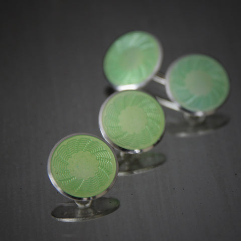 Sterling Silver Art Deco Cufflinks with Celadon Green Enameling Over Machine-Turned Guilloché Engraving (LEO Design)