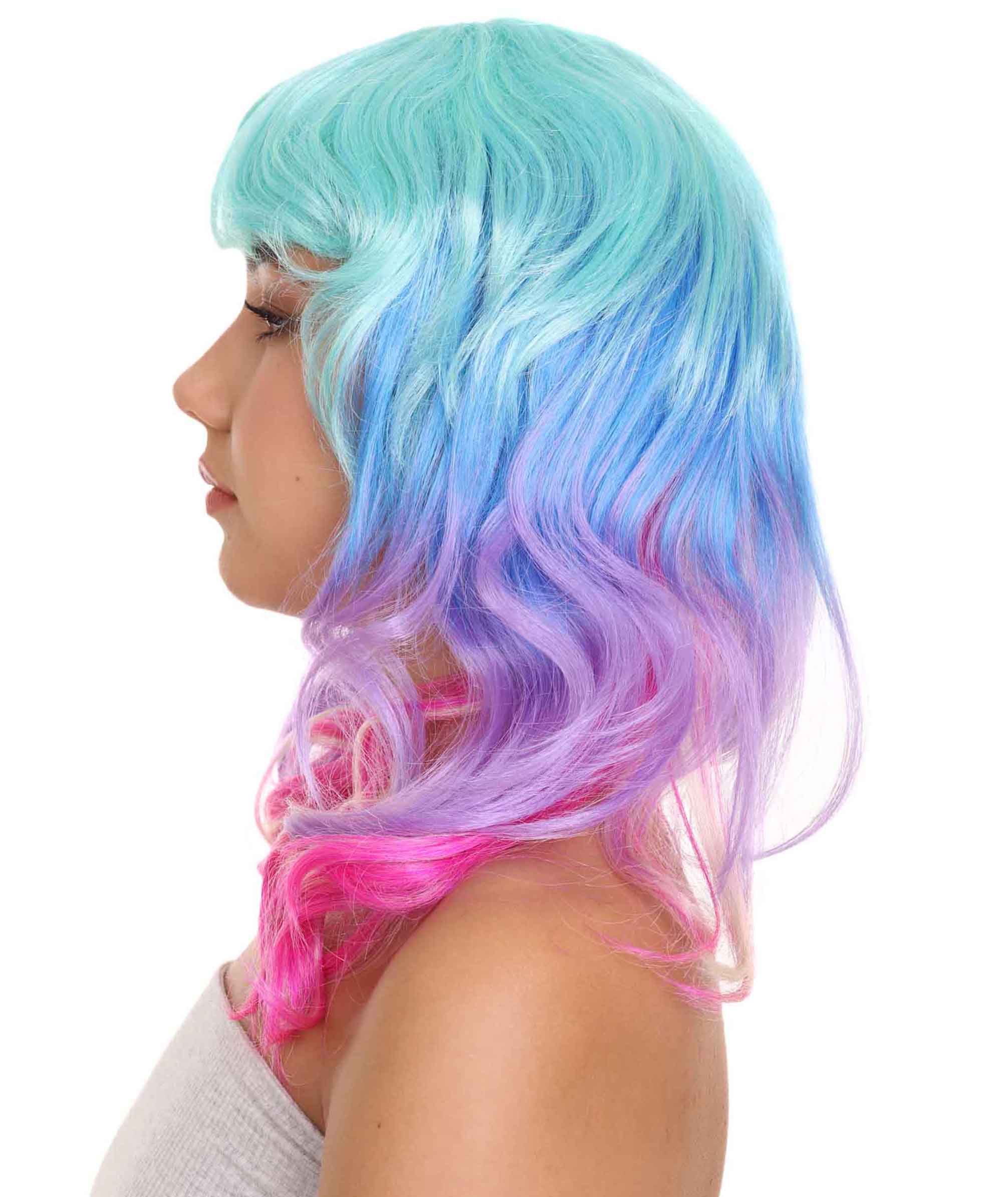 Women S Shoulder Length Wavy Bisexual Flag Multi Color Wig Pink Pur