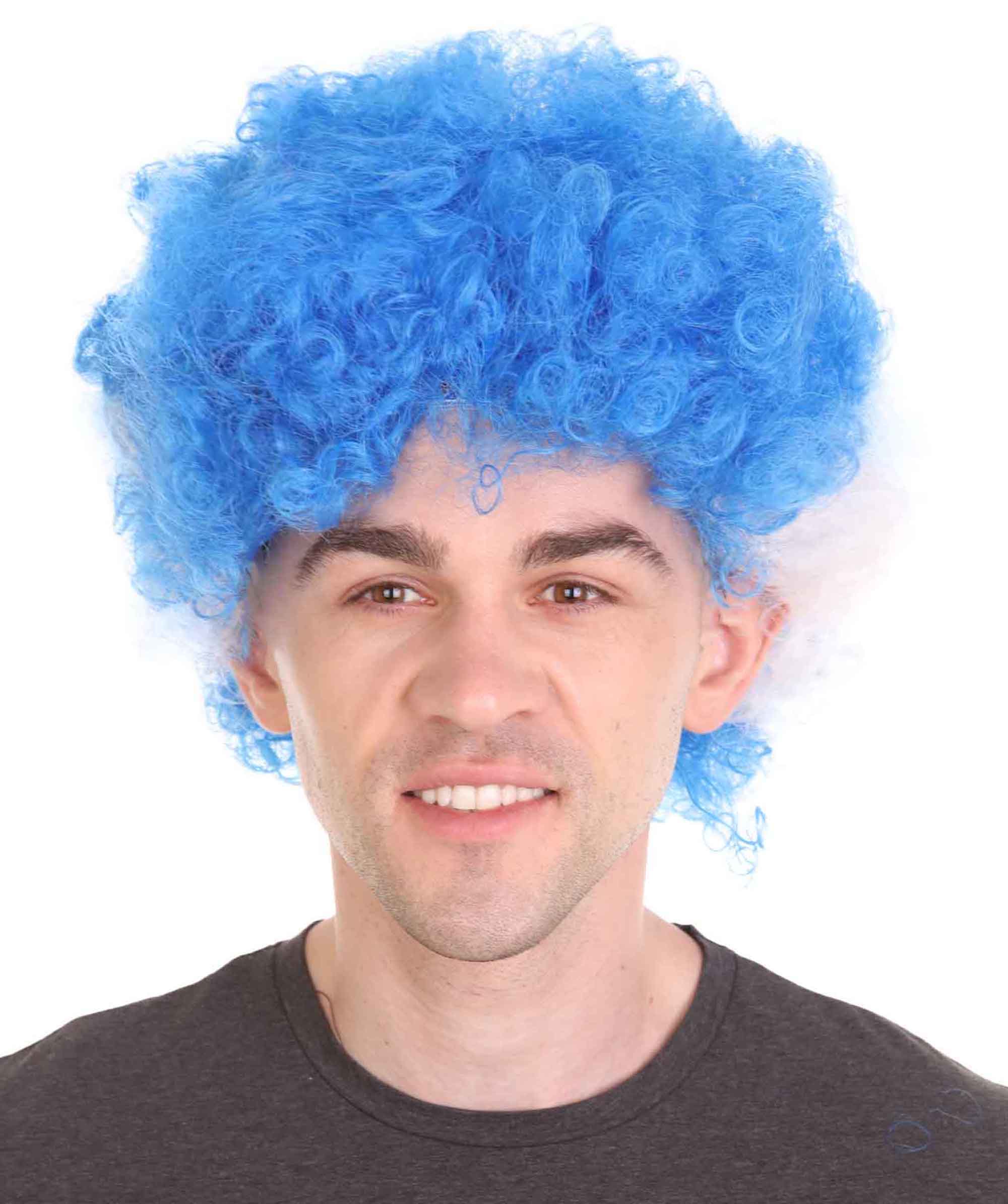 blue and white afro wig