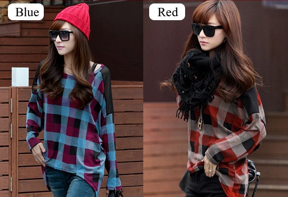 New Fashion Autumn Women Loose Bat Sleeve T-shirt Check Plaid Pattern ...