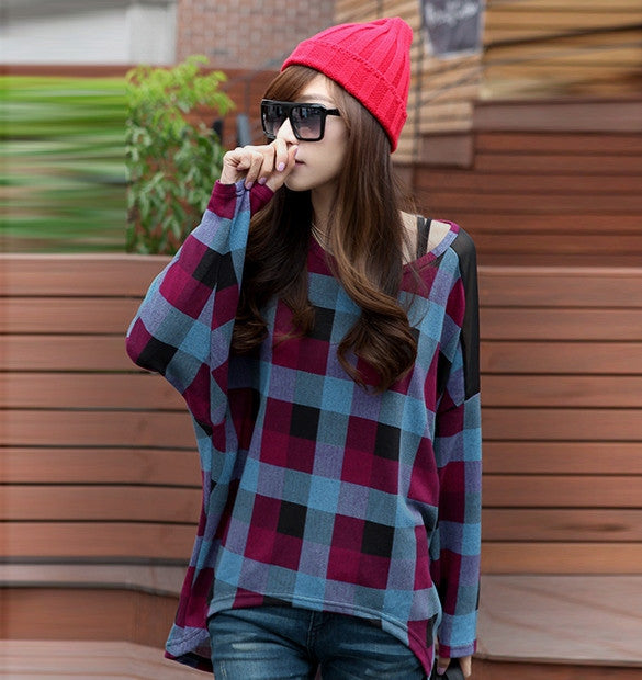 New Fashion Autumn Women Loose Bat Sleeve T-shirt Check Plaid Pattern ...