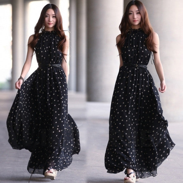 New Fashion Women's Elegant Chiffon Dot Vest Maxi Full Long Dress ...
