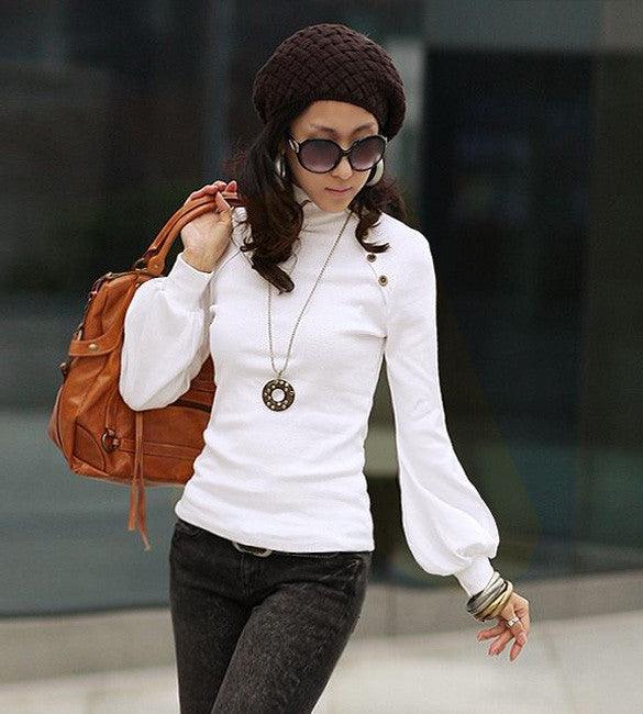 New Fashion Turtleneck Lantern Sleeve Long-sleeved T-shirts – Sheinchic.com