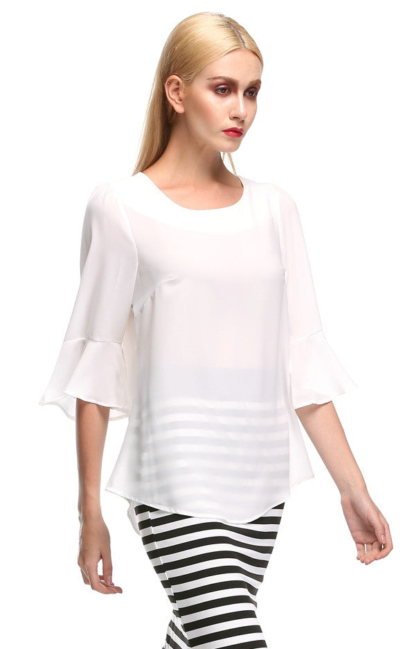 Stylish Women's Loose 3/4 Trumpet Sleeve O-neck Chiffon Blouse Tops ...