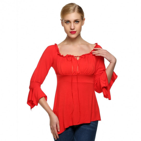 Sexy Women Off Shoulder Flare Sleeve Slim Irregular Hem Casual Tops Blouse