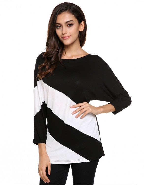 Stylish Lady Women Casual O-neck Batwing Sleeve Stripe Loose T-shirt ...