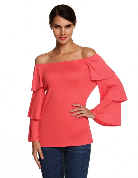 Stylish Ladies Women Career O-neck Flounced Long Sleeve Top Blouse ...