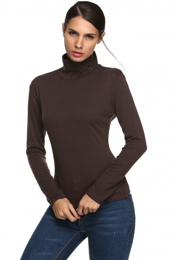 Women Fashion Casual Bottom Basic Turtle Neck Slim Solid T-Shirt Tops ...