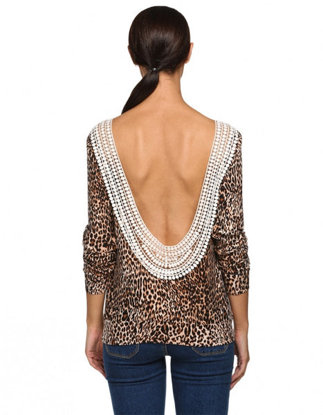 Women Ladies Sexy Long Sleeve Leopard Backless Lace Decor Casual Club ...