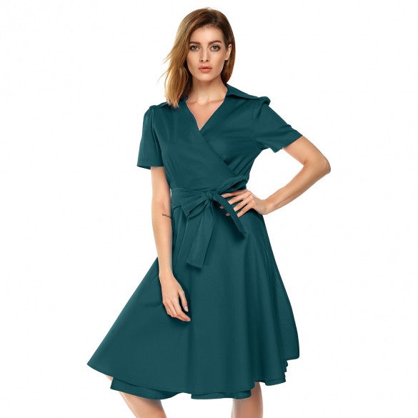 Women Casual V-Neck Short Sleeve Solid Vintage Style Swing Dress With ...